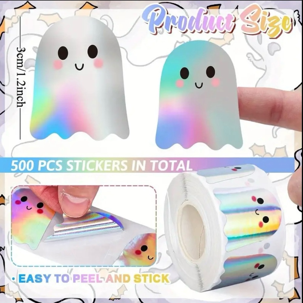 Halloween Holographic Cute Ghost Stickers Roll of 500 - Picture 2 of 5